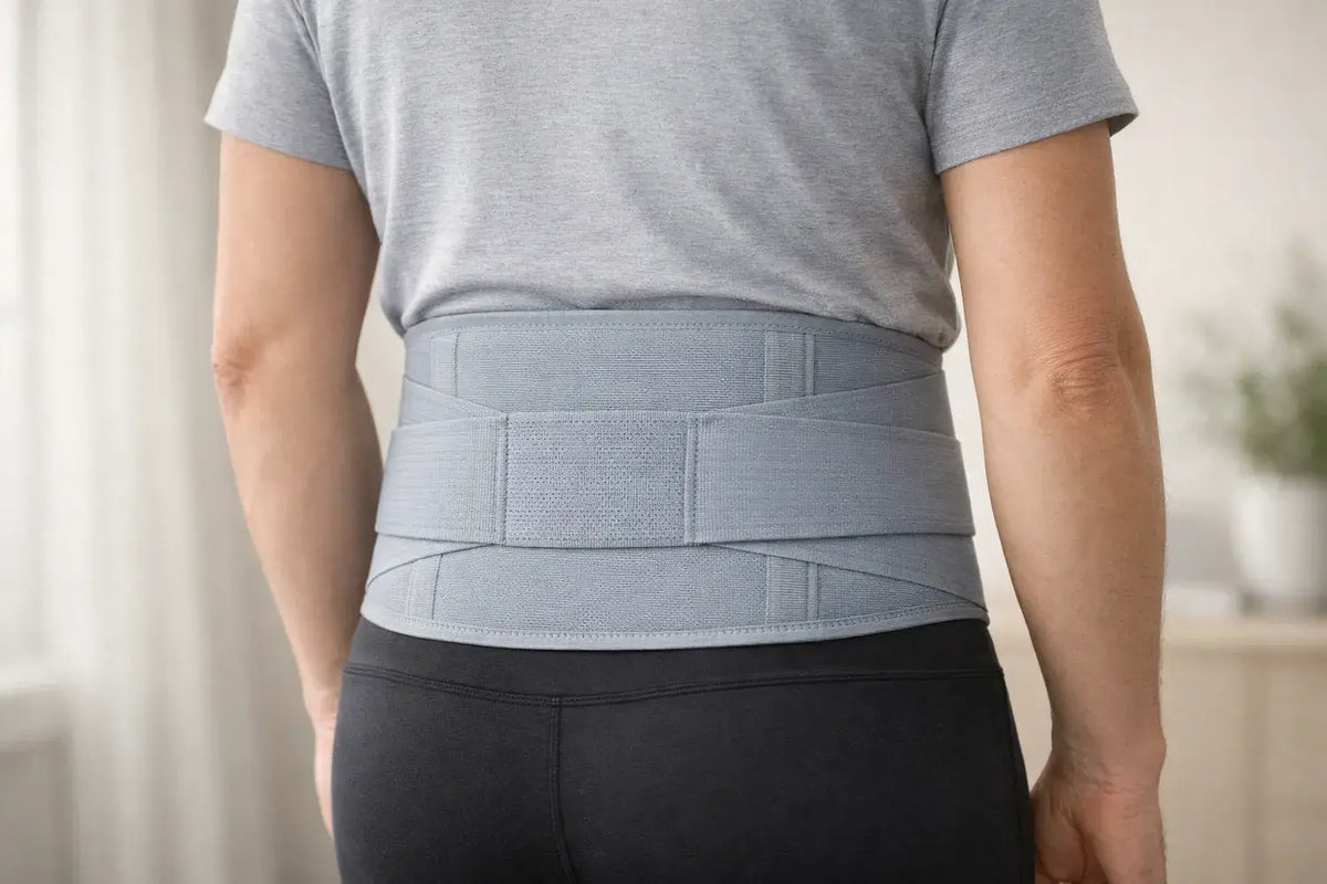Rückenbandage zur LWS-Entlastung mit Zugbändern, stützt Haltung und lindert Rückenschmerzen im Alltag und Reha