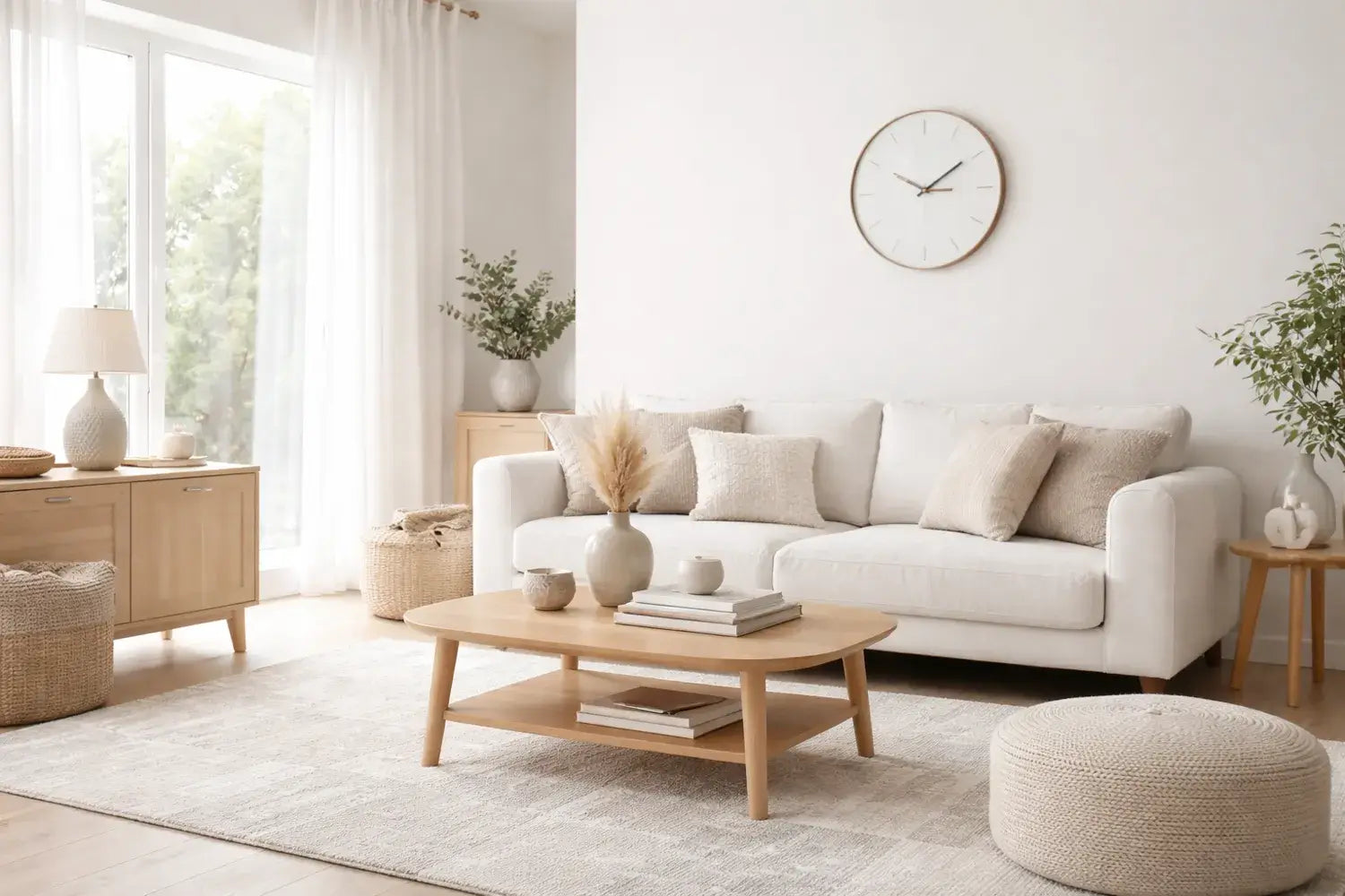 Wohnen: Helles Wohnzimmer mit Wanduhr, Sofa, Teppich und Deko auf Couchtisch – stilvolle Einrichtung für Zuhause