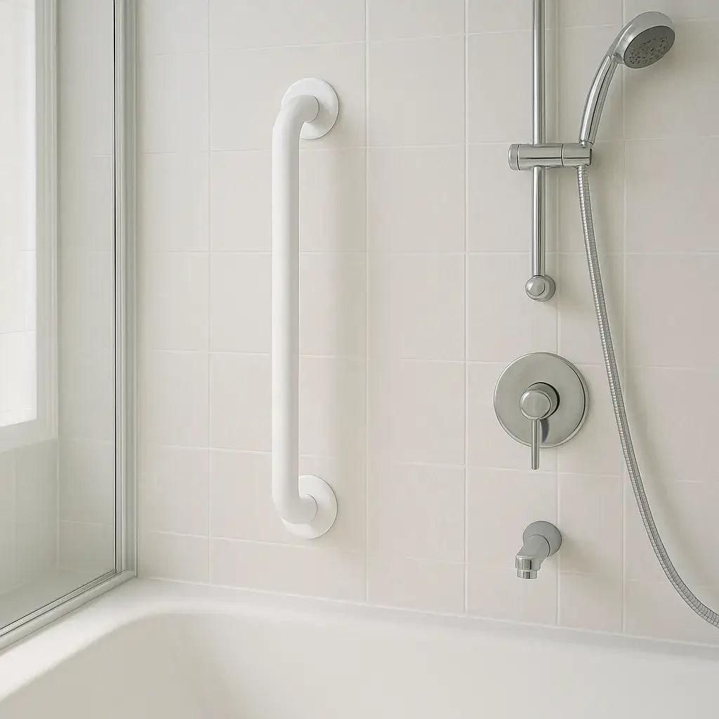 Haltegriffe in der Dusche: rutschfester Wandgriff neben Badewanne für sicheren Halt, stabile Montage