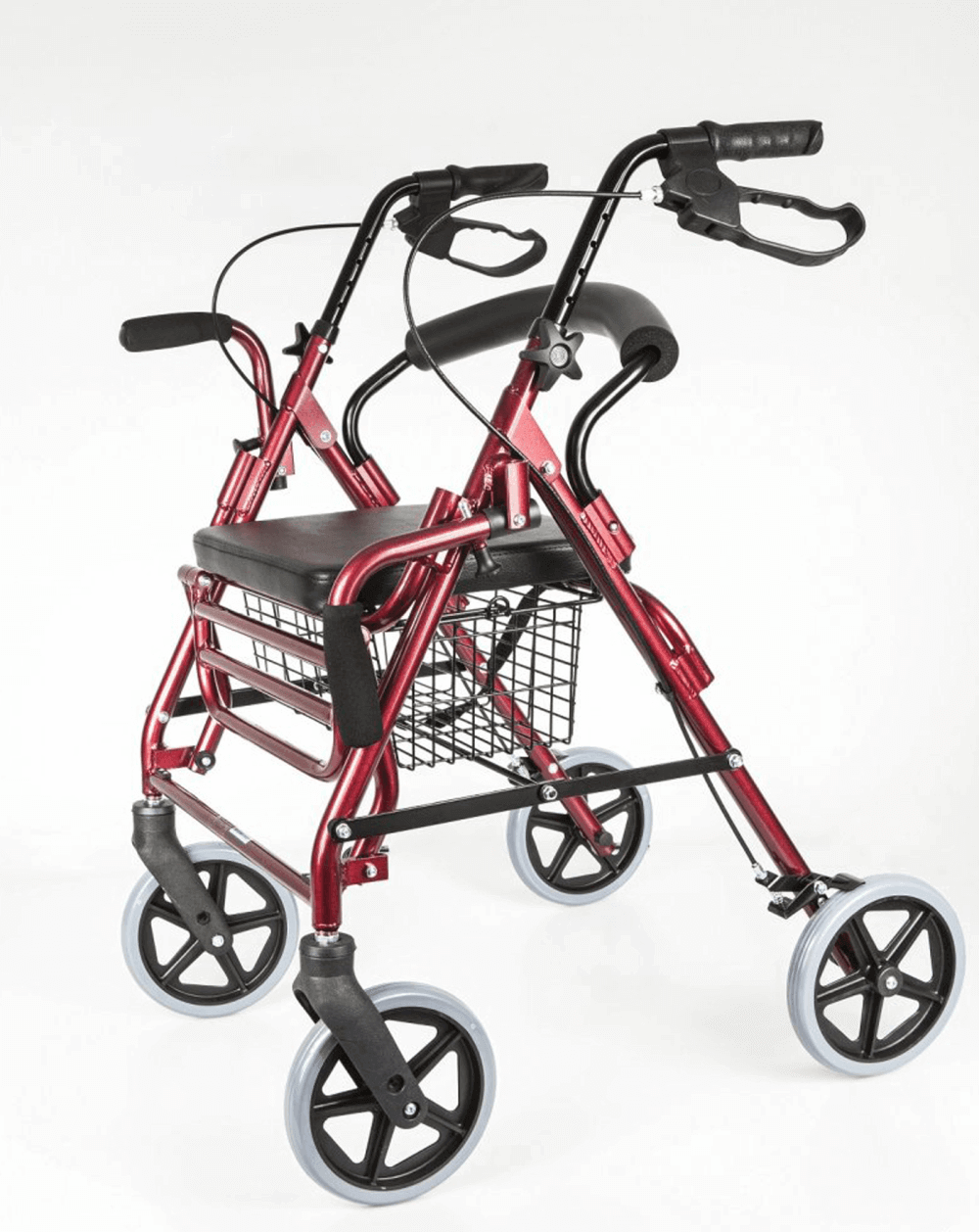 Rollator mit Fußstütze aus Aluminium, faltbar, stabil bis 120 kg, rotes Modell mit Sitz, Korb und Handbremsen