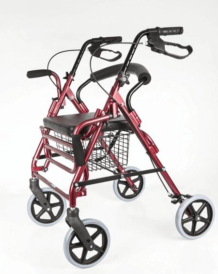 Rollator mit Fußstütze aus Aluminium, faltbar, stabil bis 120 kg, rotes Modell mit Sitz, Korb und Handbremsen