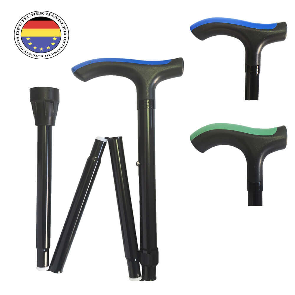 Gehstock faltbar aus leichtem Aluminium, höhenverstellbar bis 110 kg, ergonomischer Griff in Blau oder Grün