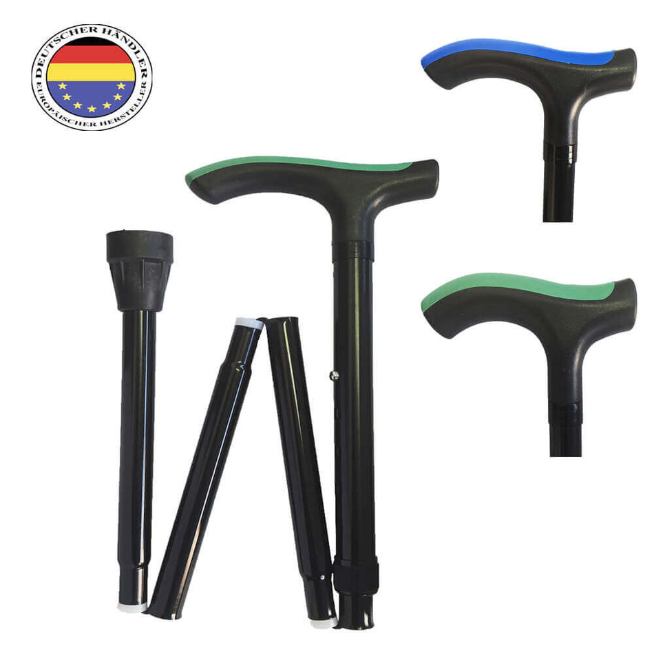 Gehstock faltbar aus leichtem Aluminium, höhenverstellbar bis 110 kg, ergonomischer Griff, in Blau oder Grün