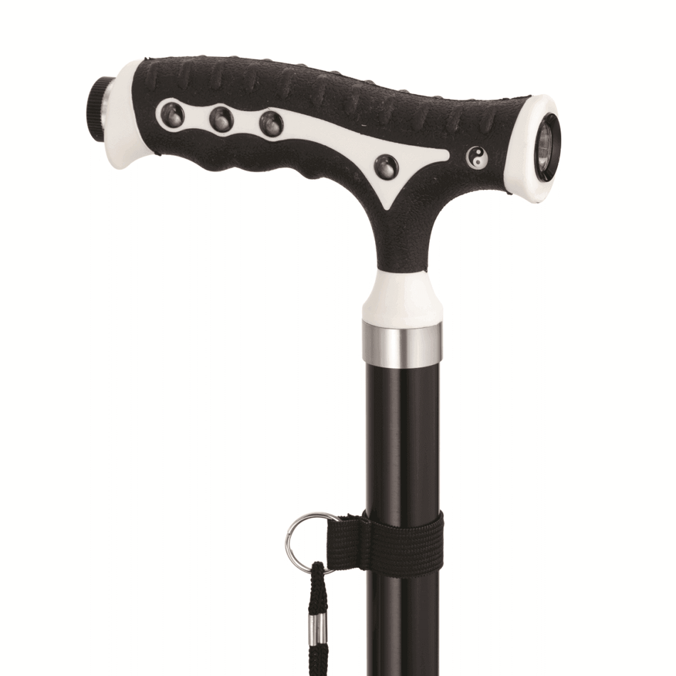 Aluminium T-Gehstock verstellbar mit ergonomischem T-Griff, integrierter LED und Handschlaufe – sicherer Gehstock für Senioren