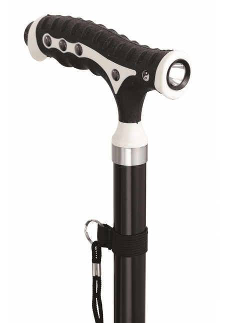 Aluminium T-Gehstock verstellbar mit LED-Beleuchtung und ergonomischem T-Griff, rutschfestem Standfuß und Handschlaufe