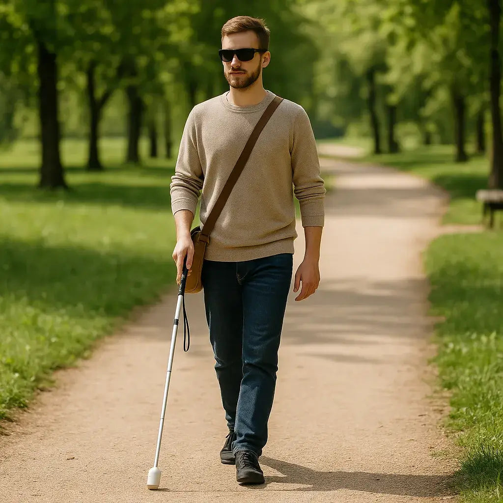 Blindenstock faltbar 120 cm CASPER PLUS Aluminium – Mann nutzt weißen Faltstock beim Gehen auf Parkweg