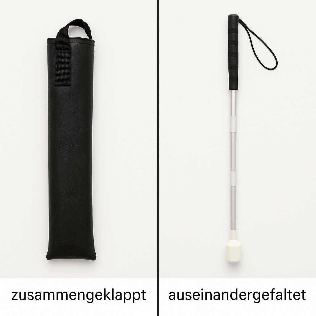 Blindenstock faltbar 120 cm CASPER PLUS Aluminium, zusammengeklappt und auseinandergefaltet mit Tasche