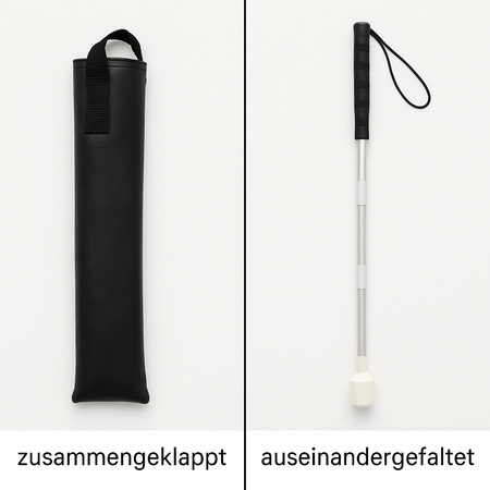 Blindenstock faltbar 120 cm CASPER PLUS Aluminium, zusammengeklappt und auseinandergefaltet mit Tasche