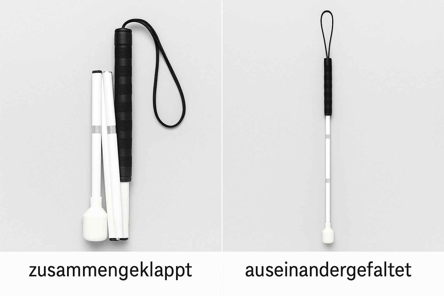 Blindenstock faltbar 120 cm CASPER PLUS Aluminium, zusammengeklappt und ausgefaltet mit Handschlaufe