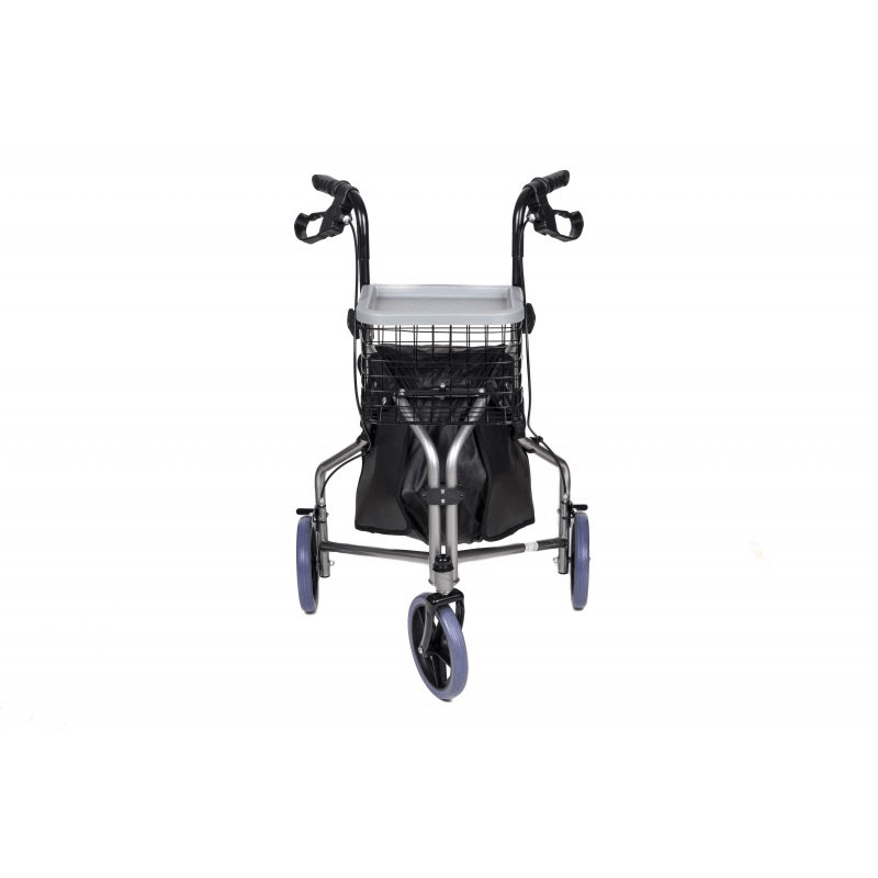 Dreirad Rollator mit Korb – leichter, wendiger Rollator mit 3 Rädern, stabilem Stahlrahmen und Einkaufskorb, Frontansicht