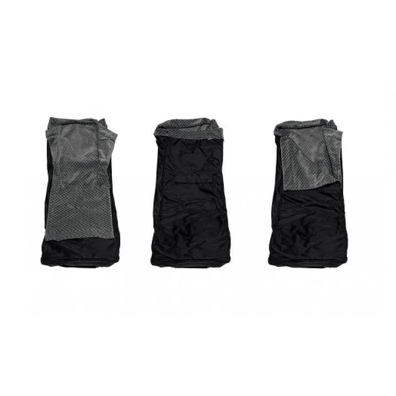 Rollstuhl Schlupfsack für Winter, winddicht und warm – schwarzer Wintersack mit grauem Oberteil, Vorder- und Seitenansicht