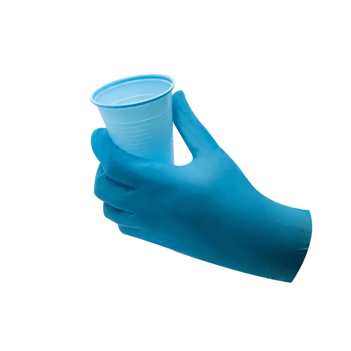Nitril Einweghandschuhe blau puderfrei – reißfest & hygienisch, Hand mit blauem Handschuh hält Becher