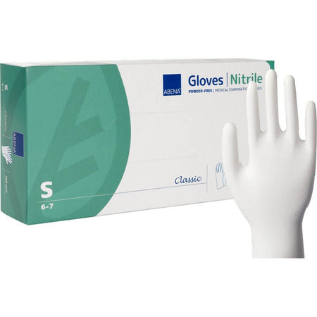 nitril handschuhe puderfrei Classic Einweghandschuhe, weiße latexfreie Nitril-Handschuhe puderfrei, Größe S, Box mit Handschuh