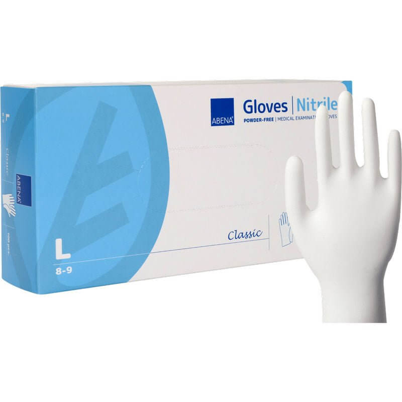 nitril handschuhe puderfrei Classic Einweghandschuhe, Box mit weißen, latexfreien Nitrilhandschuhen (Größe L 8-9)