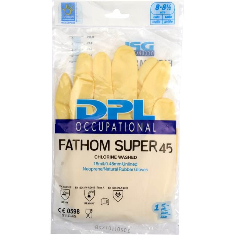 Latex Handschuhe puderfrei – Einweghandschuhe natur, Verpackung DPL Occupational Fathom Super 45, Größe 8–8½