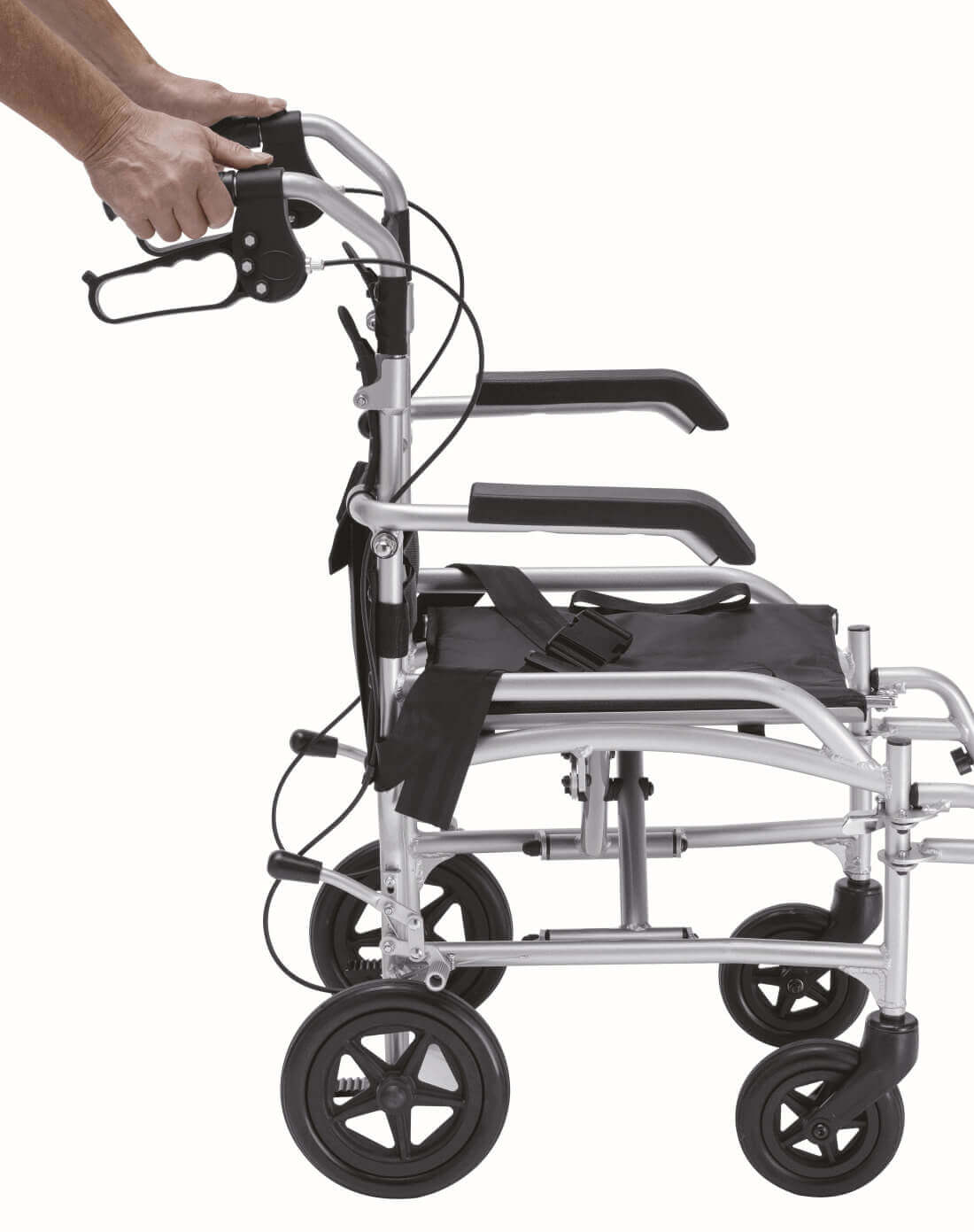 Transferstuhl faltbar 2in1 als Rollstuhl & Rollator, faltbarer Transportrollator mit Armlehnen und Bremsen, bis 100 kg