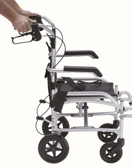 Transferstuhl faltbar 2in1 als Rollstuhl & Rollator, faltbarer Transportrollator mit Armlehnen und Bremsen, bis 100 kg