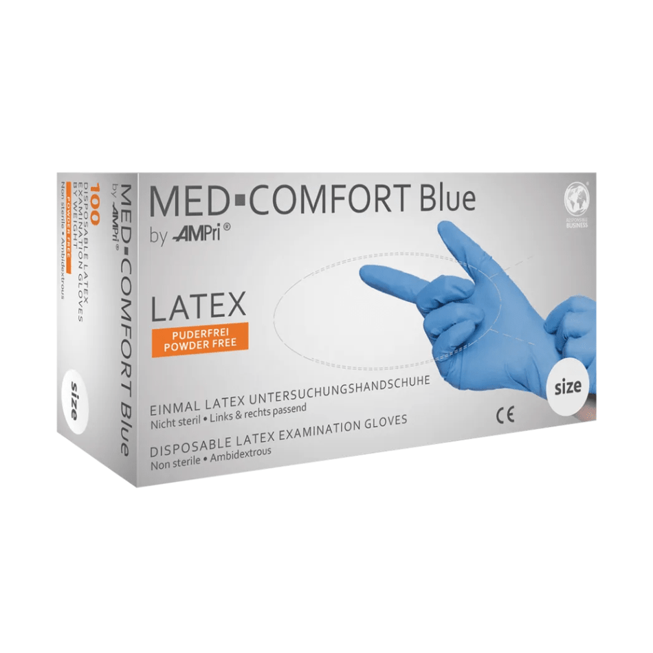 AMPri MED-COMFORT BLUE Latexhandschuhe puderfrei, blau | Box (100 Stück)