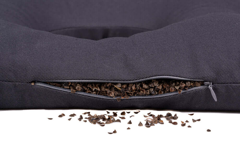 Anti Dekubitus Kissen mit Buchweizenfüllung, druckentlastend, geöffnetes Kissen mit sichtbaren Buchweizenschalen