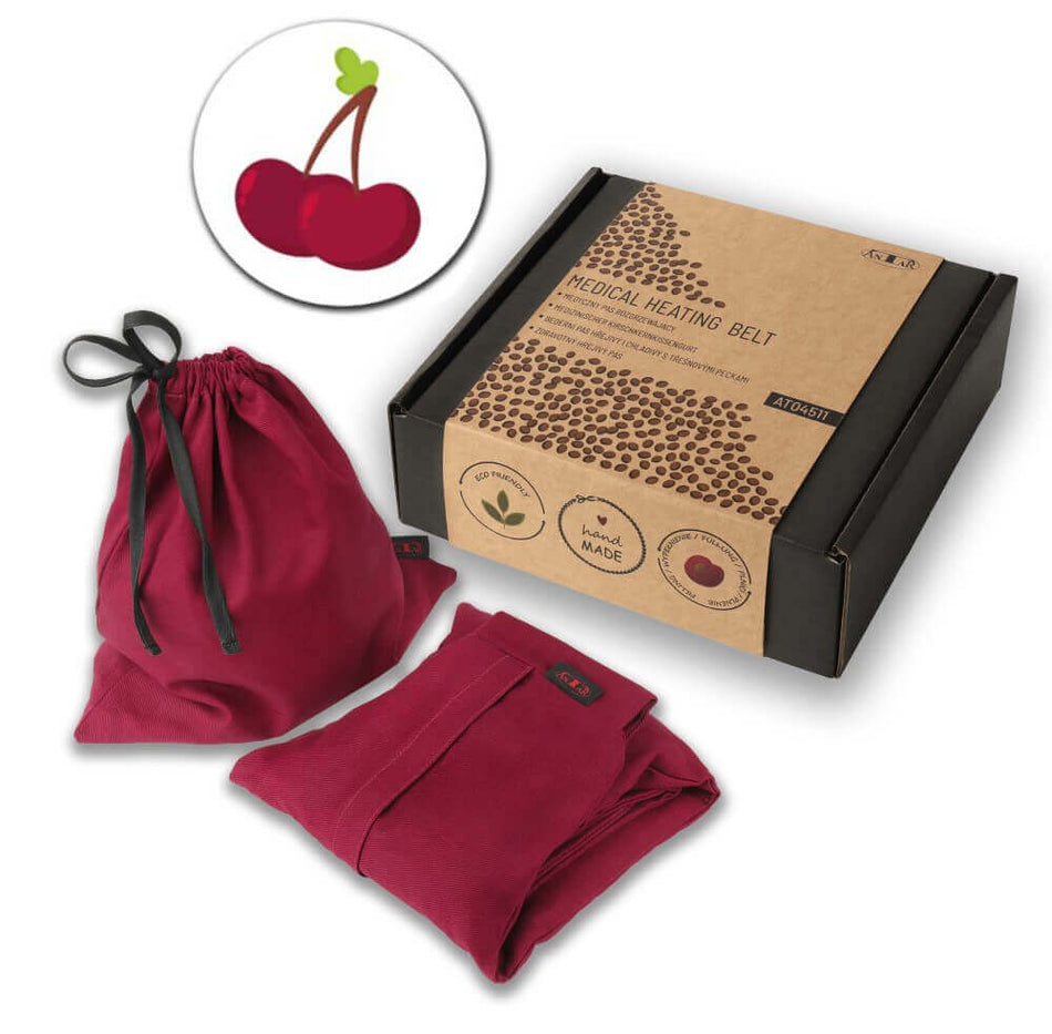 Kirschkernkissen Gürtel Wärmegürtel für Rücken, Kirschkernkissen in Rot mit Beutel und Verpackung, natürliche Wärme bei Rückenschmerzen