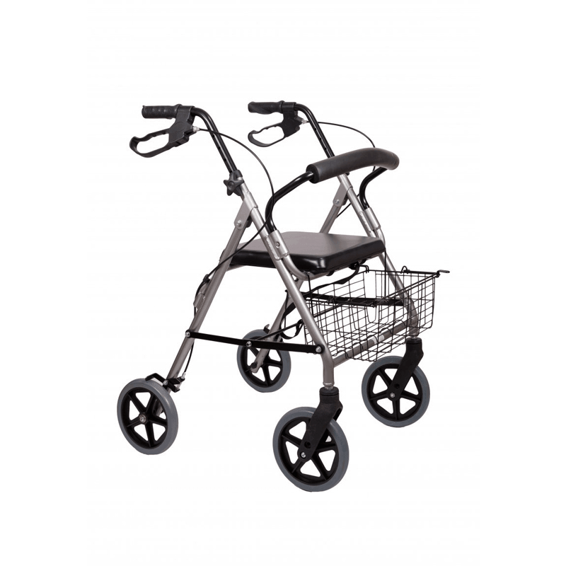 Aluminium Rollator faltbar mit Sitz und Einkaufskorb, leichter Gehwagen aus Aluminium mit Bremsen und großen Rädern