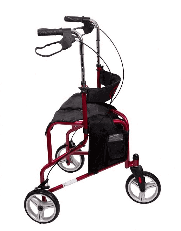 3-Rad Rollator leicht und wendig, faltbarer Indoor-Rollator aus Aluminium mit Tasche, rotes 3-Rad-Design für enge Räume
