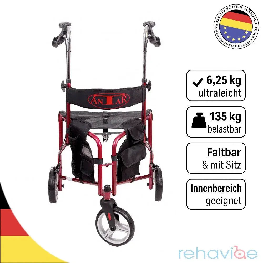 3-Rad Rollator ultraleicht 6,25 kg, faltbar mit Sitz, wendig für Innenräume, belastbar bis 135 kg – Antar Premium AT51004