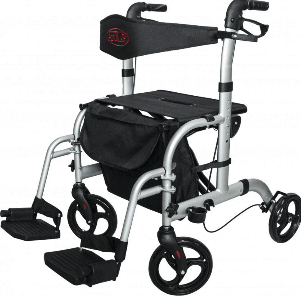 Transportrollator faltbar & stabil mit Sitz, integrierten Fußstützen und Aluminiumrahmen – Rollator und Transportstuhl für Mobilität