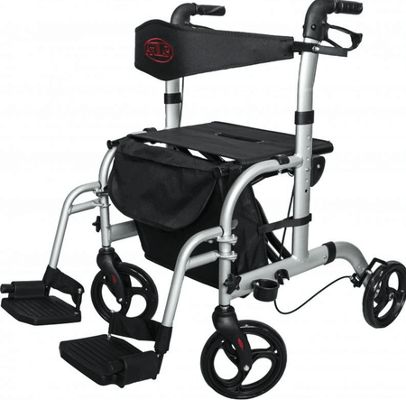 Transportrollator faltbar & stabil mit Sitz, integrierten Fußstützen und Aluminiumrahmen – Rollator und Transportstuhl für Mobilität
