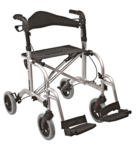 Transportrollator mit Sitz und Fußstützen, faltbar und stabiler Aluminiumrahmen – Rollator und Transportstuhl für sichere Mobilität