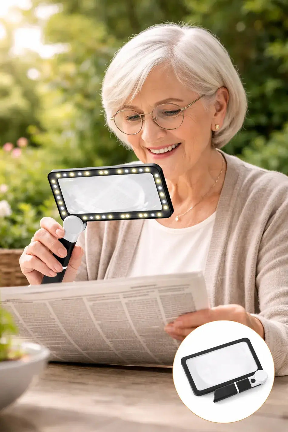 LED Lupe 5x Vergrößerung mit 48 LEDs und Klappgriff – Frau liest Zeitung mit beleuchteter Lupe