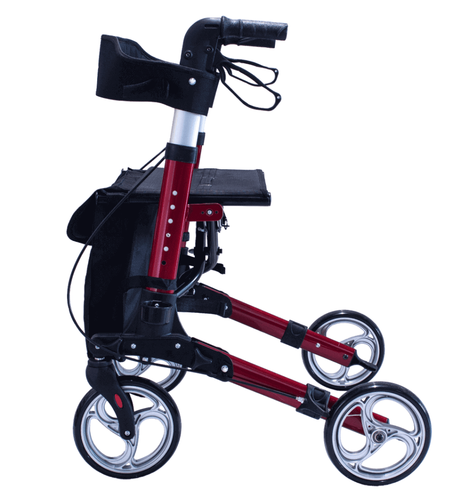 Leichtgewicht Reise Rollator 3-fach faltbar, nur 7,2 kg, kompakter Reise-Rollator mit Sitzfläche und großen Rädern in Rot