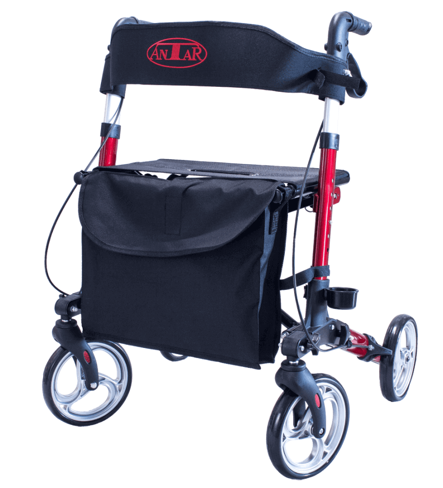 Leichtgewicht Reise Rollator 3-fach faltbar, 7,2 kg – roter Rollator mit Sitz, Tasche und Getränkehalter
