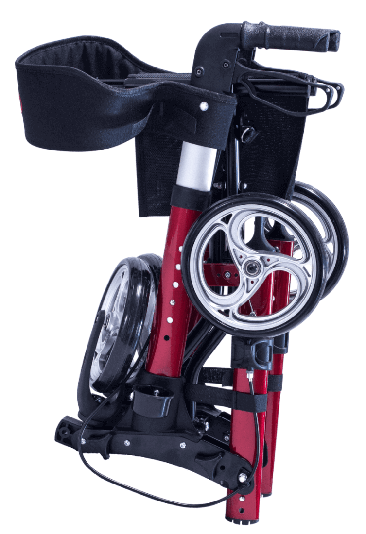 Leichtgewicht Reise Rollator 3-fach faltbar, kompakt zusammengeklappt, nur 7,2 kg – Reise-Rollator in Rot/Schwarz
