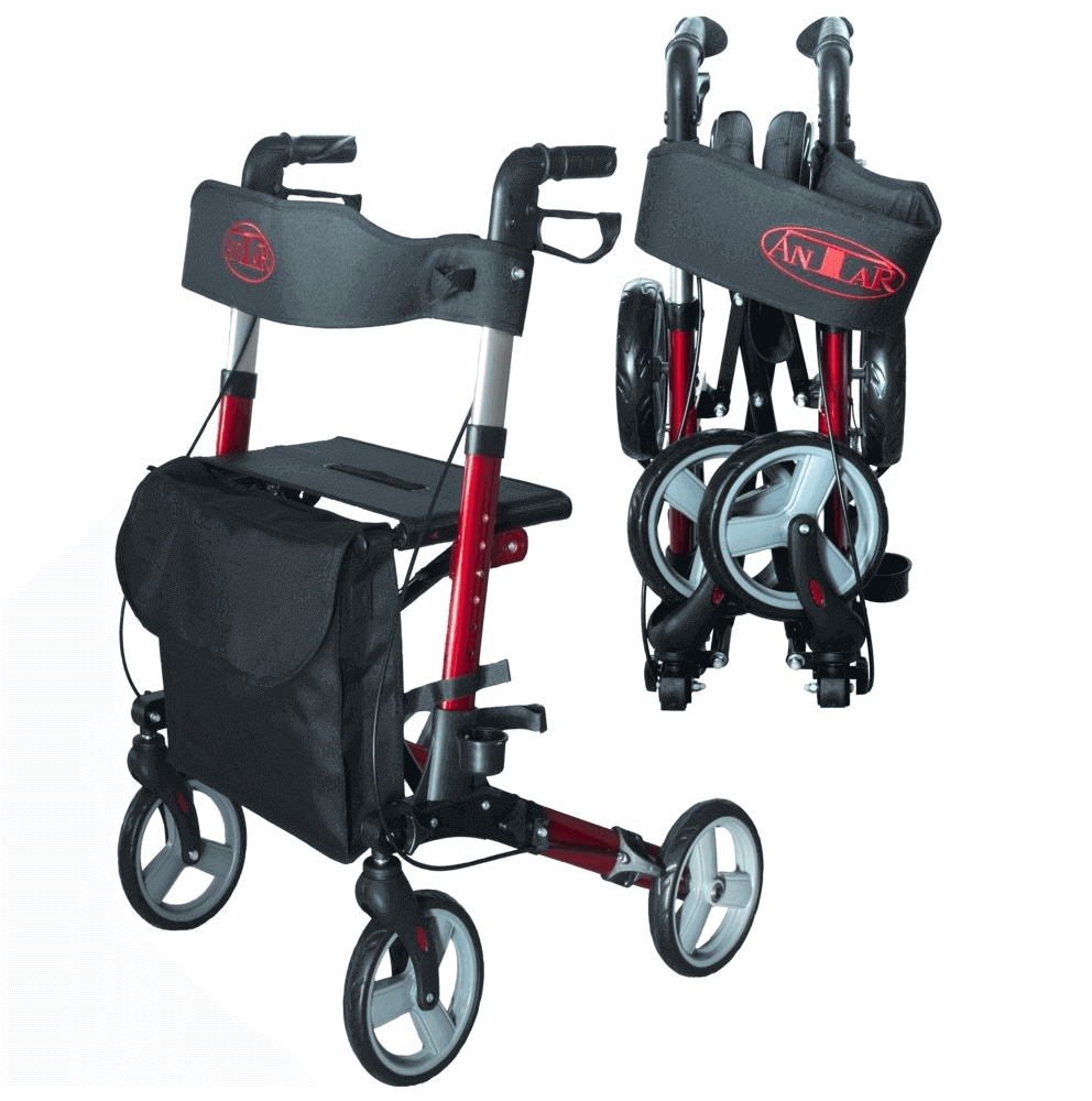 Leichtgewicht Reise Rollator 3-fach faltbar, 7,2 kg – kompakter Reise-Rollator mit Sitz, Tasche und großen Rädern in Rot-Schwarz