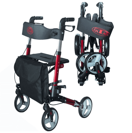 Leichtgewicht Reise Rollator 3-fach faltbar, 7,2 kg – kompakter Reise-Rollator mit Sitz, Tasche und großen Rädern in Rot-Schwarz