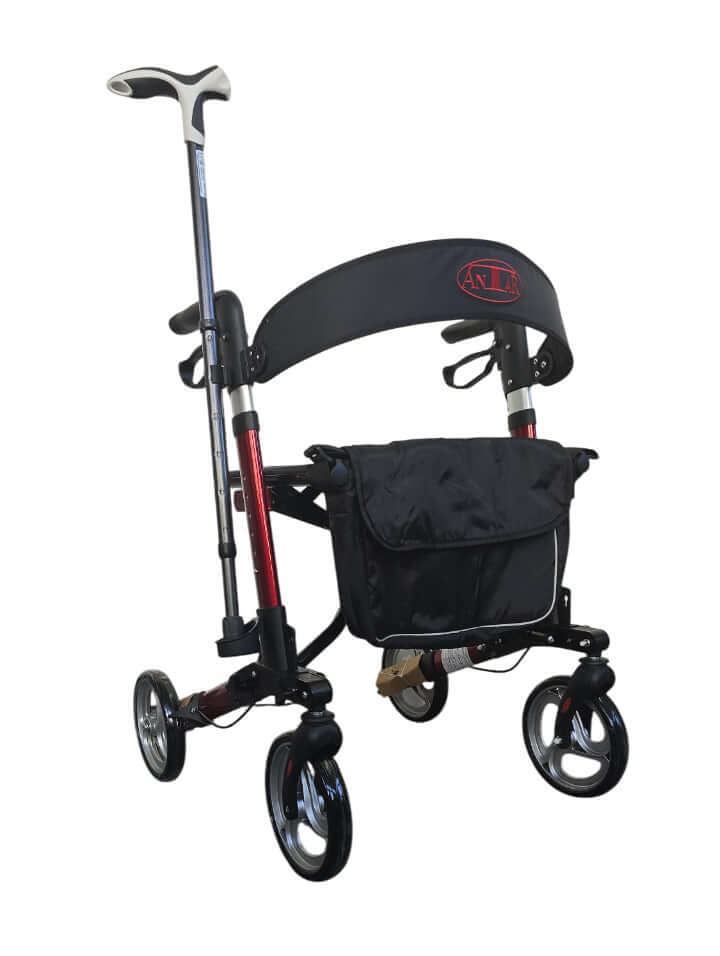 Leichtgewicht Reise Rollator 3-fach faltbar, 7,2 kg – kompakter Reise-Rollator mit Tasche und Stockhalter, schwarz-rot