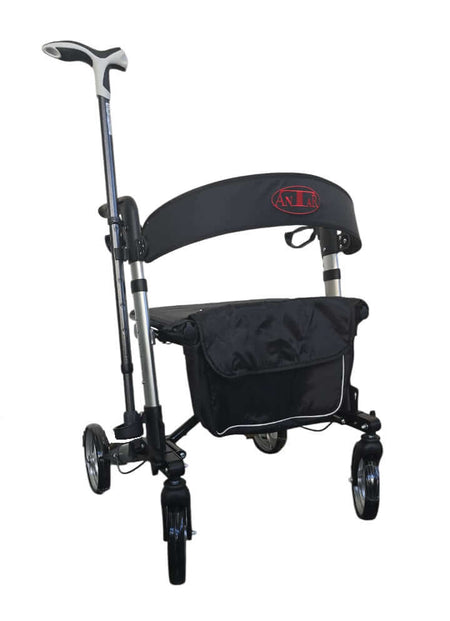 Leichtgewicht Reise Rollator 3-fach faltbar, 7,2 kg, schwarzer Rollator mit Sitzfläche, Tasche und Stockhalter