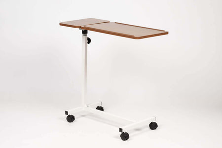 Pflegebettisch AT51021 mit drehbarer, zweigeteilter Tischplatte und Rollen – flexibler Betttisch zum Essen, Lesen und Schreiben