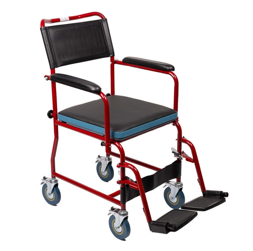 Mobiler Toilettenstuhl mit Rollen, Armlehnen, Fußstützen und gepolstertem Sitz für komfortable, sichere Nutzung