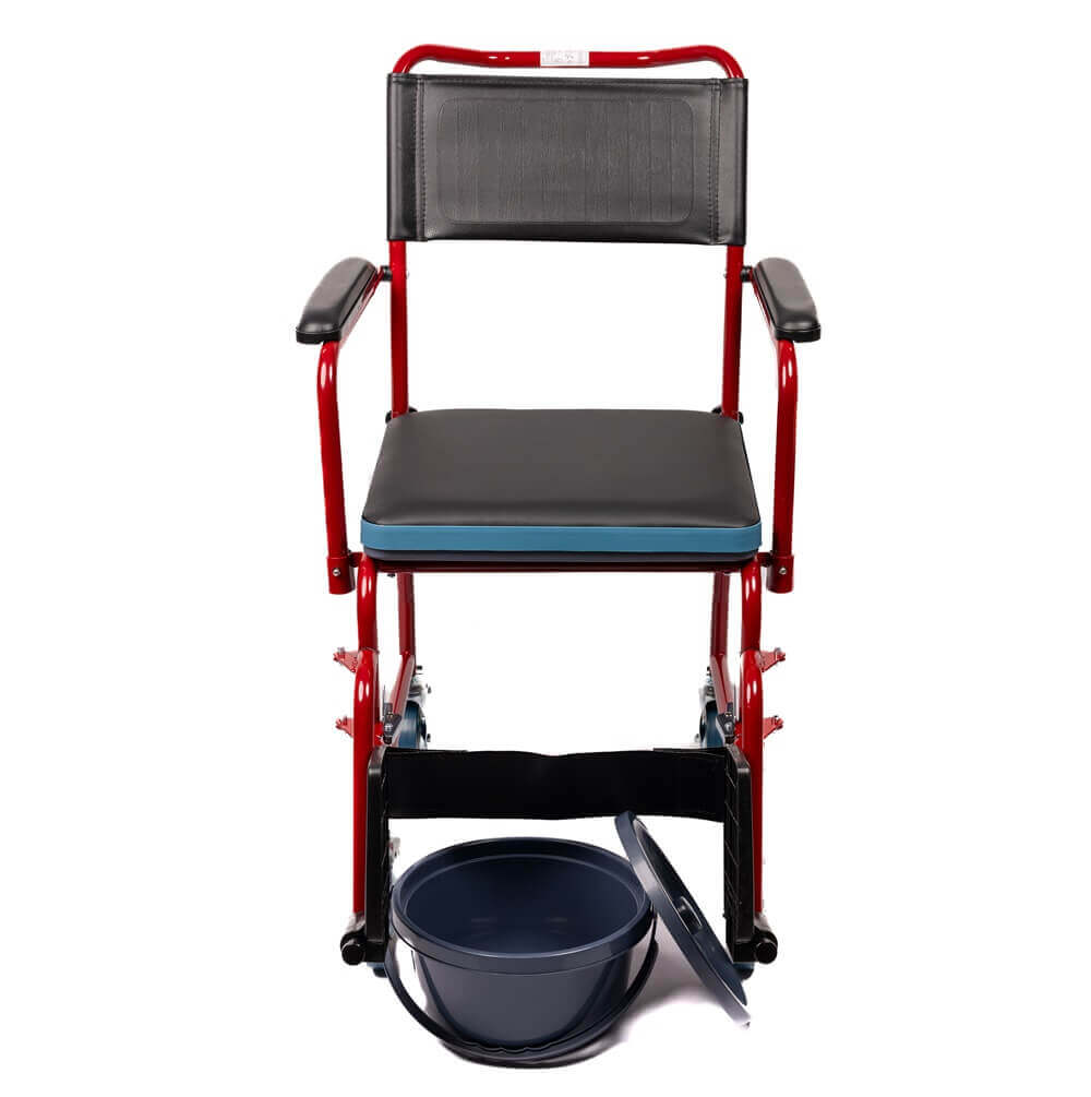 Mobiler Toilettenstuhl mit Rollen, Armlehnen und Eimer – gepolsterter Toilettenstuhl aus Stahlrahmen für komfortable Nutzung