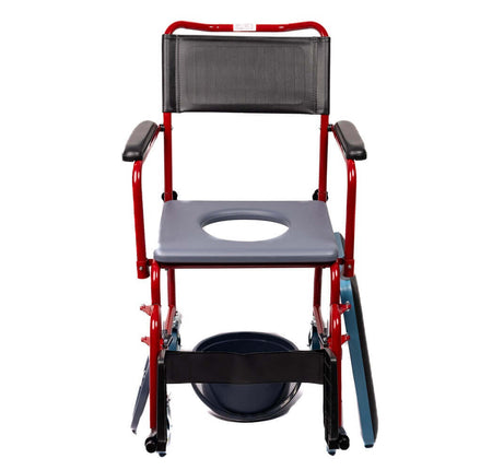 Mobiler Toilettenstuhl mit Rollen, Armlehnen und Eimer, stabiler Stahlrahmen, gepolsterter Sitz mit Ausschnitt, rot
