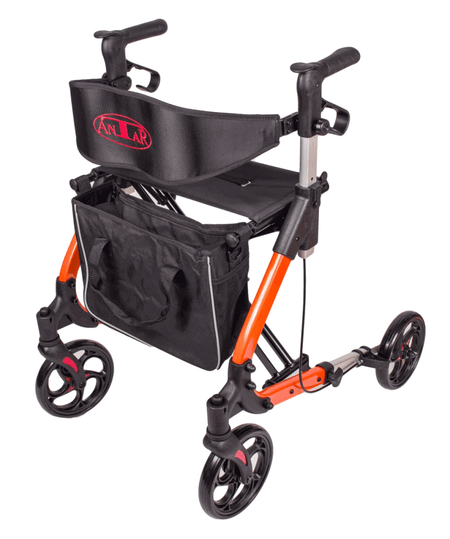 Leichtgewicht Rollator Aluminium, faltbarer Aluminium-Rollator in Orange mit Tasche und Sitz, nur 7,3 kg