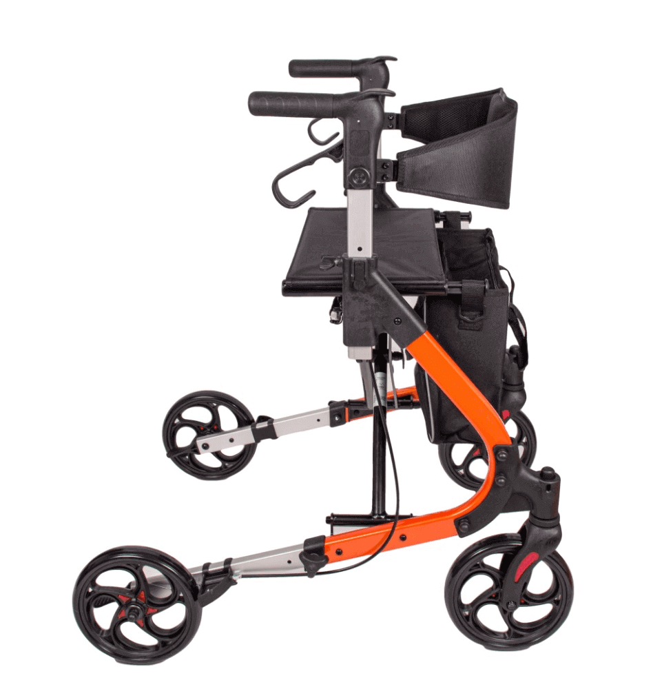 Leichtgewicht Rollator Aluminium, faltbarer Aluminium-Rollator in Orange mit Sitz und Tasche, seitliche Ansicht