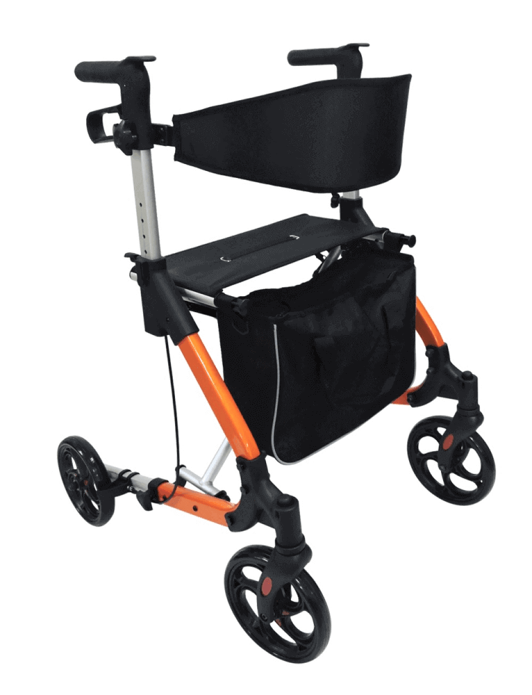 Leichtgewicht Rollator Aluminium in Orange, faltbarer Rollator mit Sitzfläche, Rückenstütze und Tasche, nur 7,3 kg