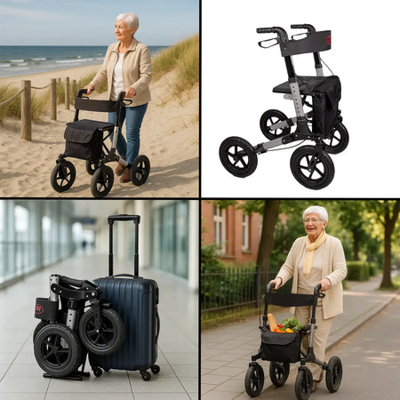 Outdoor Rollator mit Luftreifen, faltbar und bis 136 kg belastbar – geländetauglicher Rollator für Strand, Reisen und Alltag