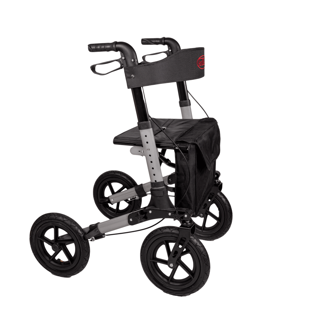 Outdoor Rollator mit Luftreifen, faltbarer Aluminium-Rollator für Gelände, mit Sitz und Tasche, bis 136 kg belastbar