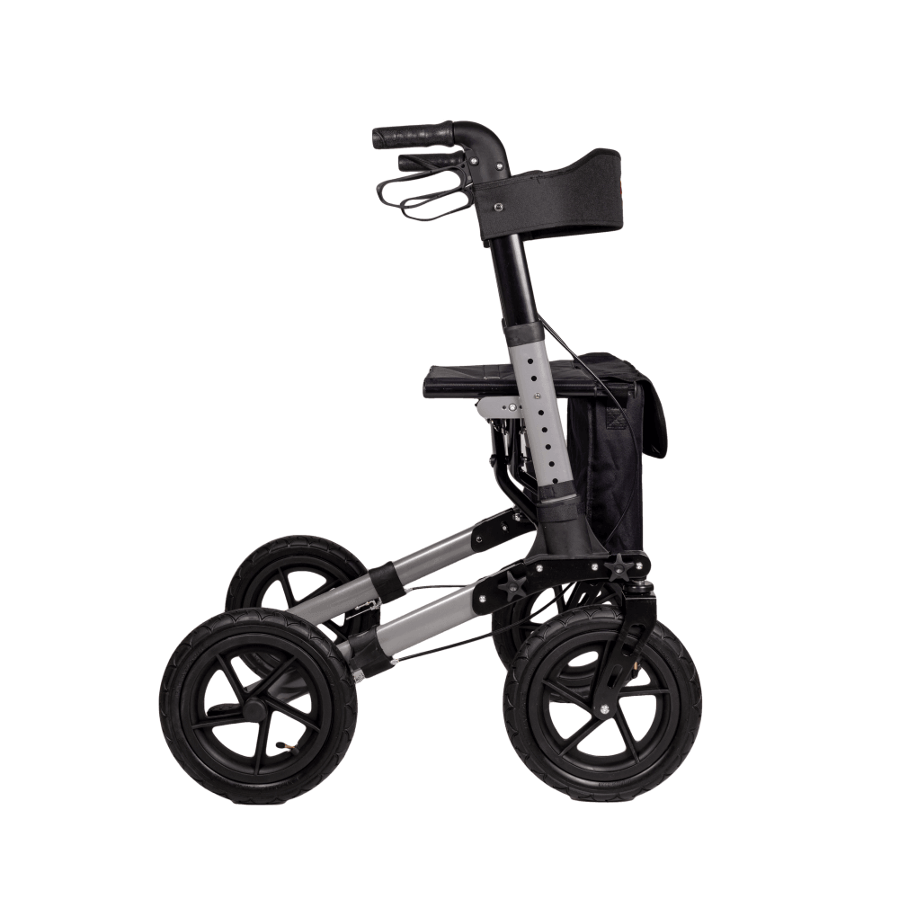 Outdoor Rollator mit Luftreifen, faltbar, bis 136 kg belastbar – geländetauglicher Aluminium-Rollator mit Tasche