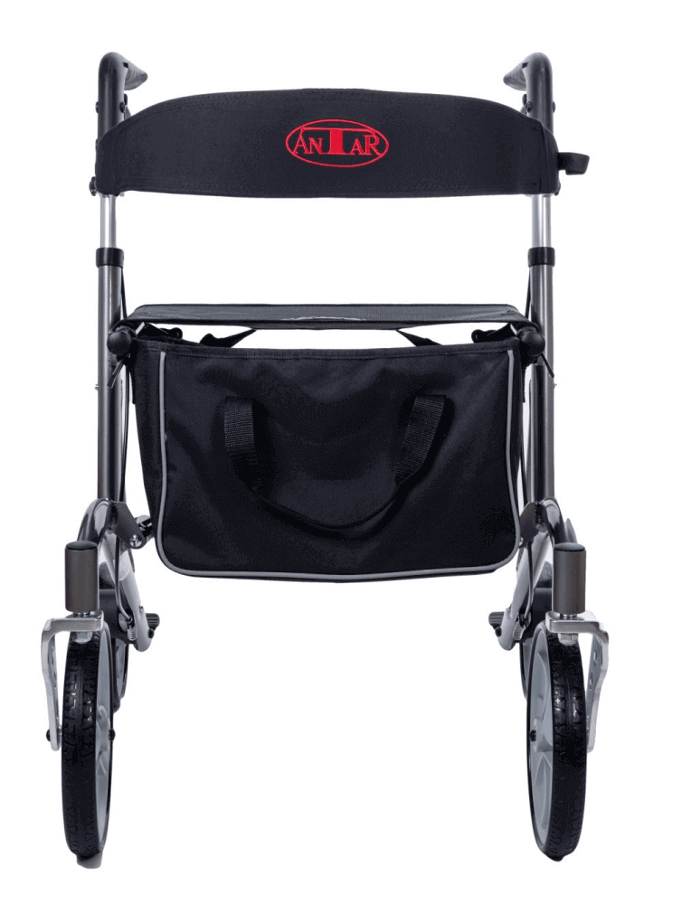 Leichtgewicht Rollator mit Tasche und Rückengurt, stabiler faltbarer Aluminium-Rollator mit Sitz für Senioren, Frontansicht