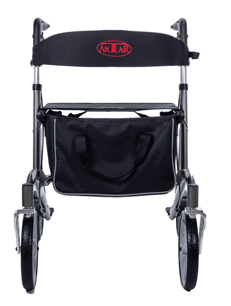 Leichtgewicht Rollator mit Tasche und Rückengurt, stabiler faltbarer Aluminium-Rollator mit Sitz für Senioren, Frontansicht